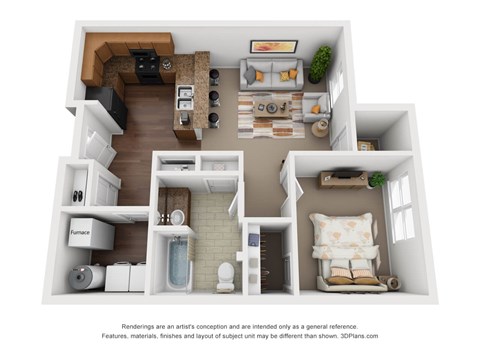 Floor plan for 1 bed, 1 bath, 658 sqft